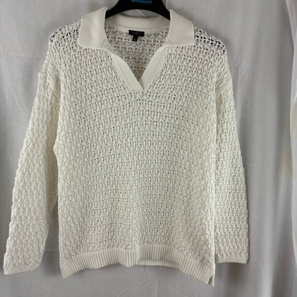 Talbots White Open Knit Pullover Sweater Cotton Blend Large Petite LP